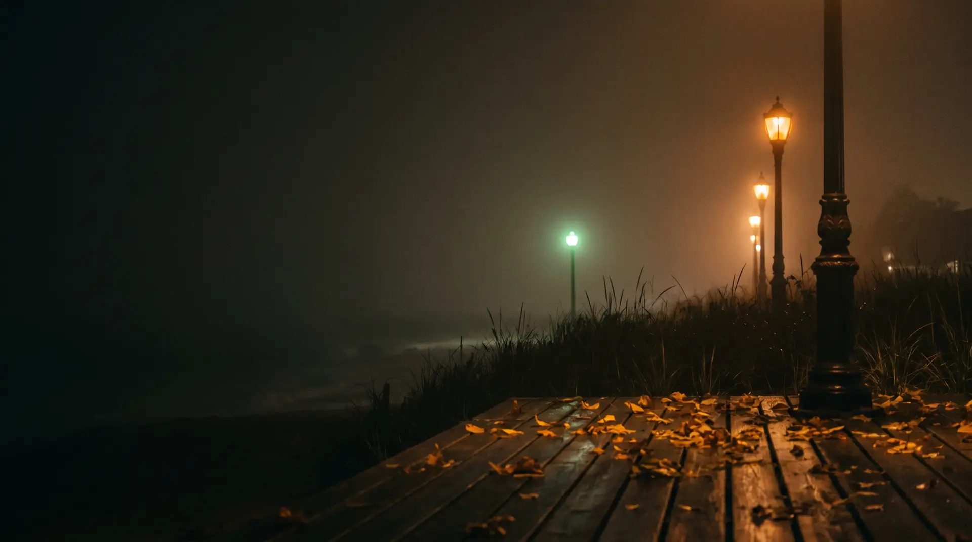 A fog-wrapped seaside boardwalk at night, lamp posts glowing amber and one glowing green, fallen leaves on the boards