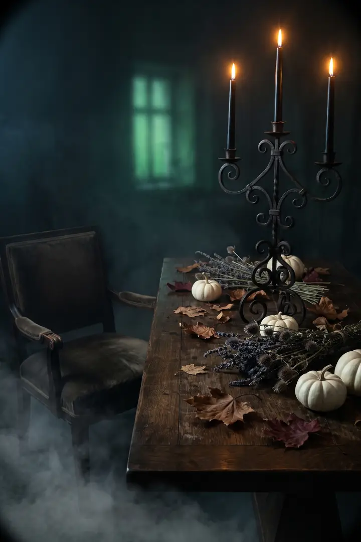 A candelabra of black taper candles on a long oak table scattered with autumn leaves and white pumpkins