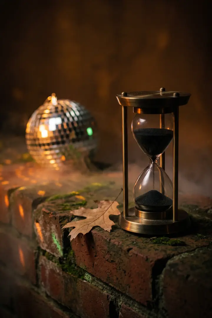 An antique hourglass of black sand on a brick ledge, a small mirror ball glowing behind it