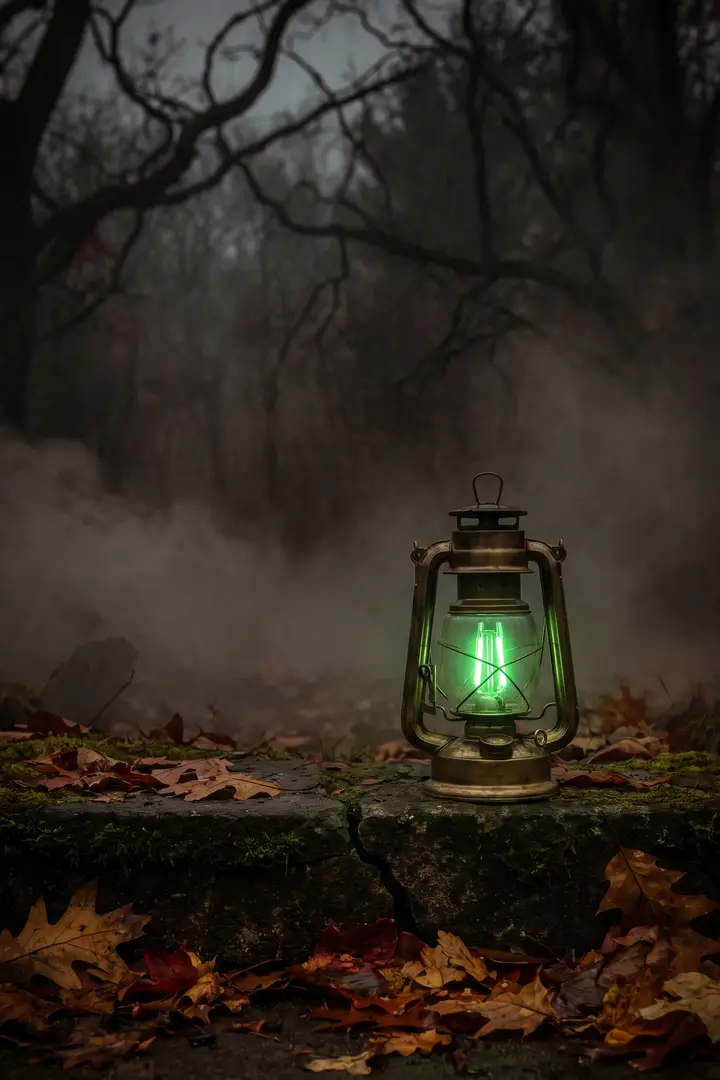 An antique brass lantern glowing green on a mossy stone step among fallen oak leaves